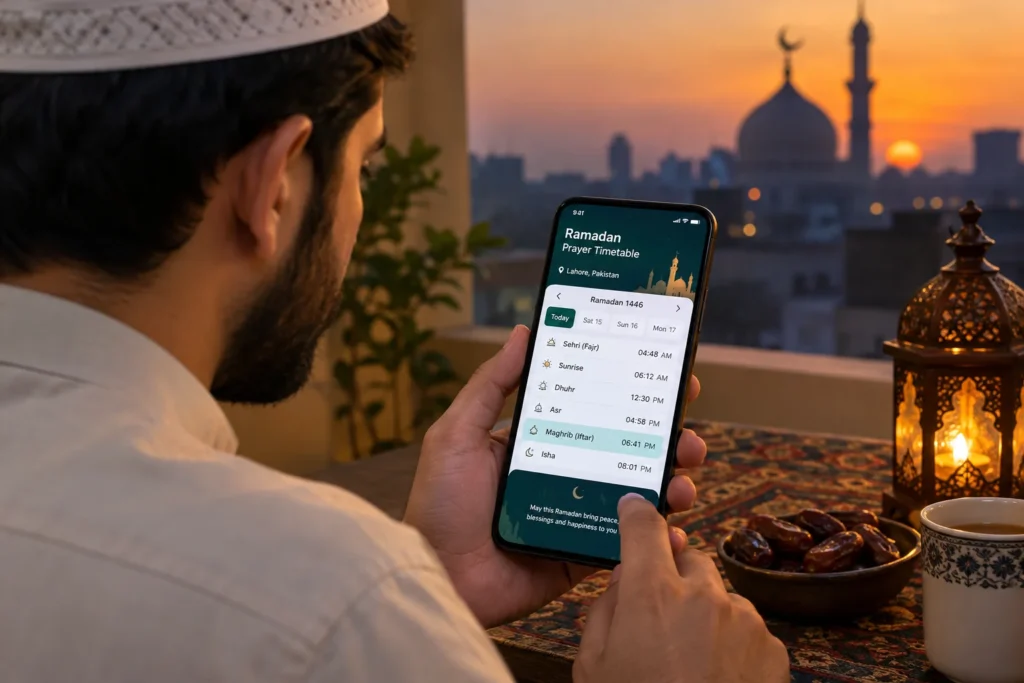 A Pakistani man checking a Ramadan prayer timetable on his Android smartphone in the evening