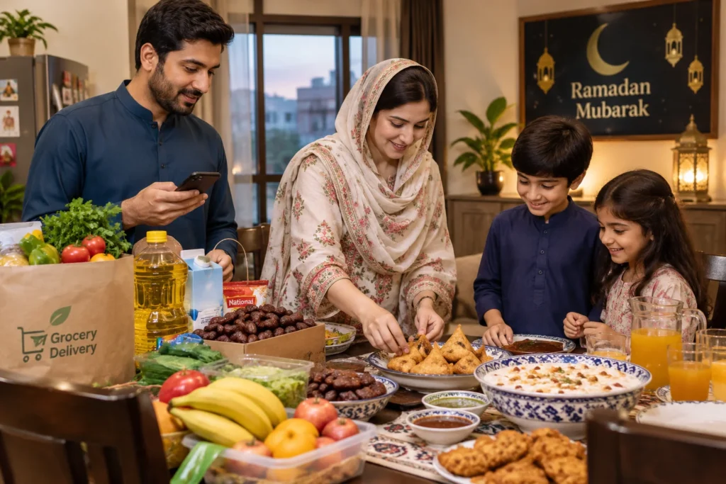 A Pakistani family arranging groceries and traditional Iftar food on a dining table