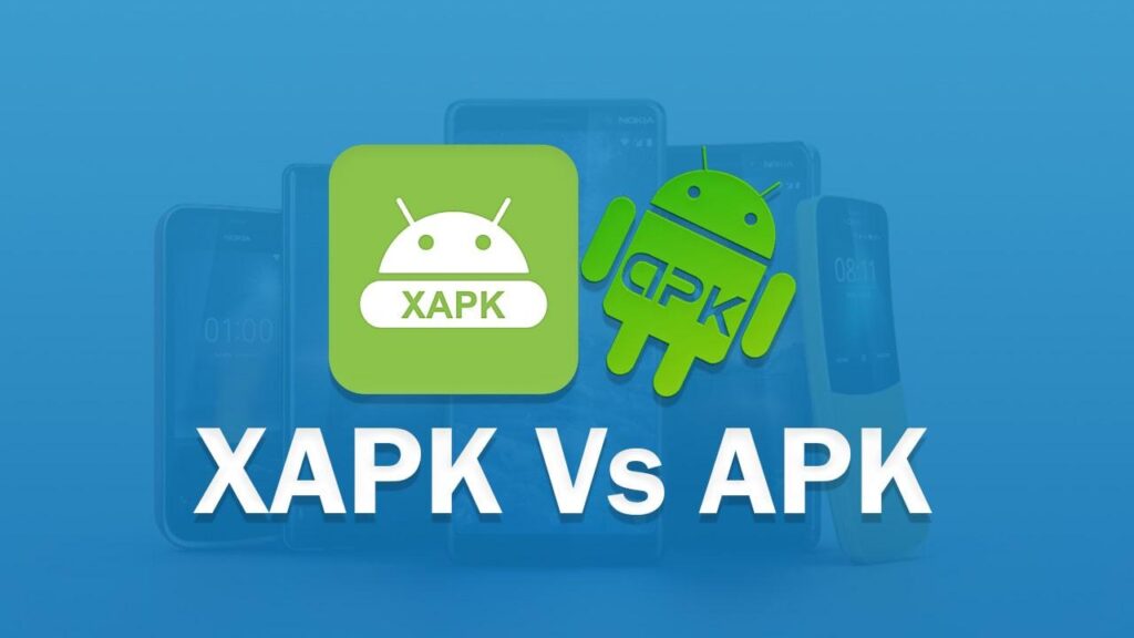 : APK vs XAPK comparison graphic showing a single APK file versus an XAPK bundle