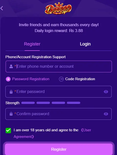 Boo999 Game registration process