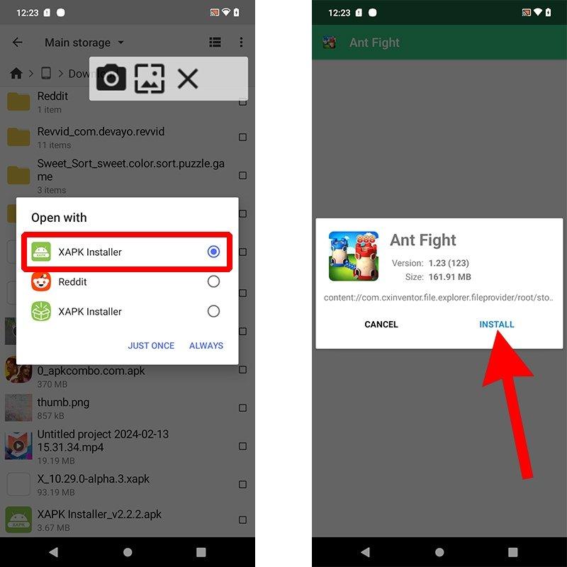 Large Android game showing APK file, OBB data, and XAPK bundle structure