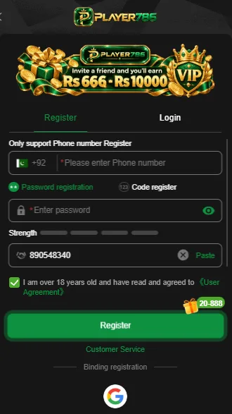 Player 786 Game Registration process