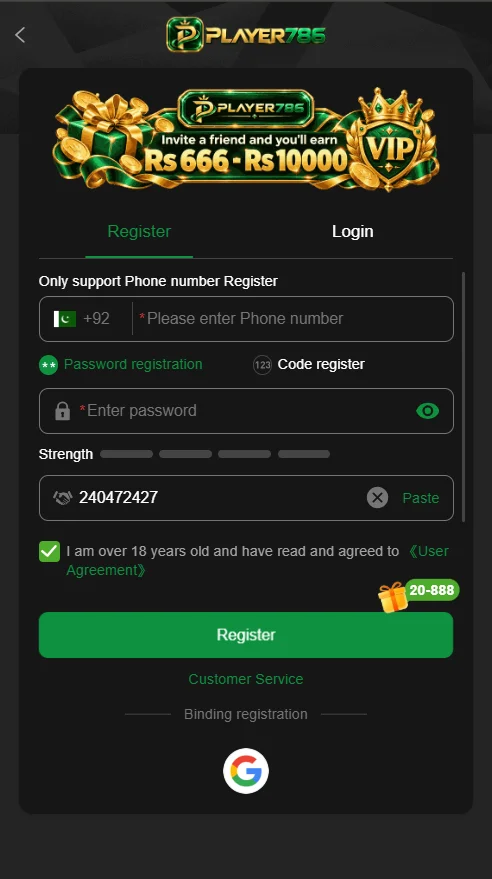 Player786 Game login and sign up