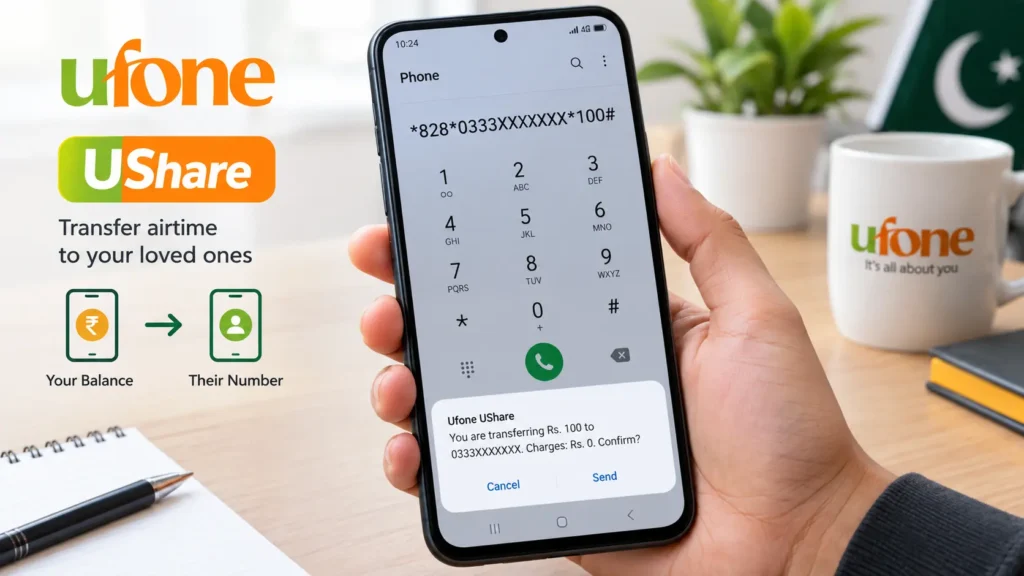 Ufone UShare balance transfer code on a mobile phone